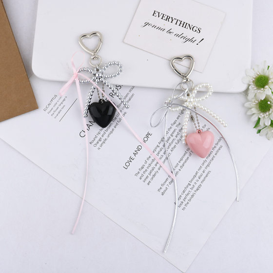 2024 New Style Han Feng Sweet Cool Resin silver Love Black Ribbon Bow Ribbon Keychain Decorative Pendant