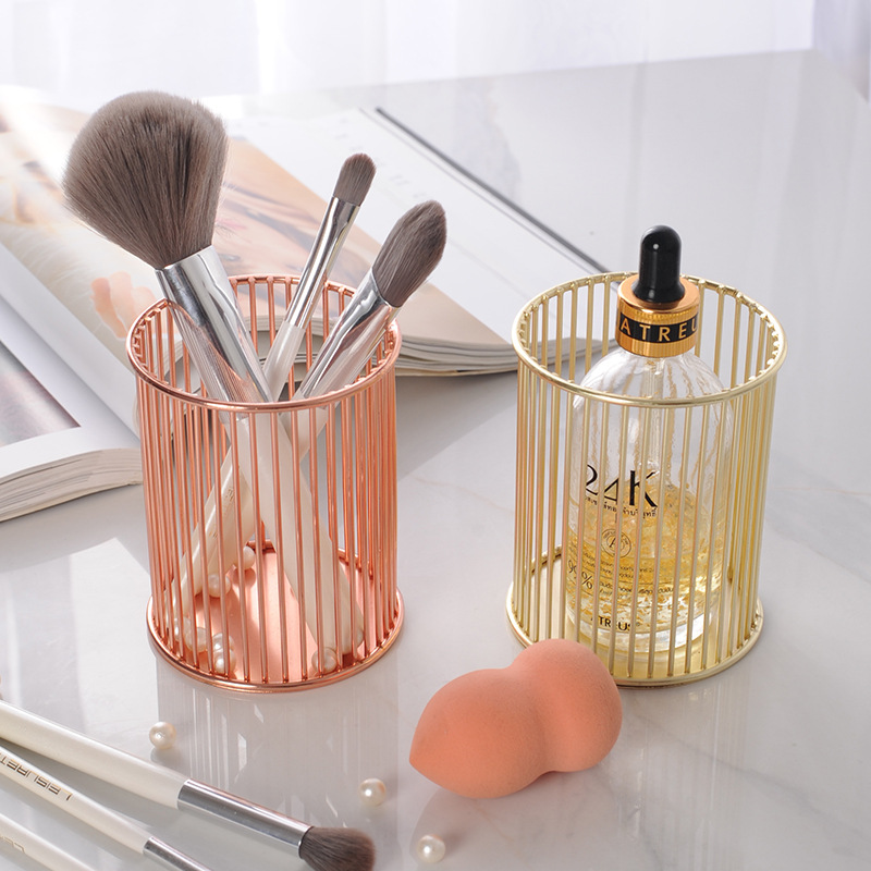 不锈钢彩妆化妆品收纳篮口红桌面收纳筐 铁艺电镀文具收纳笔筒