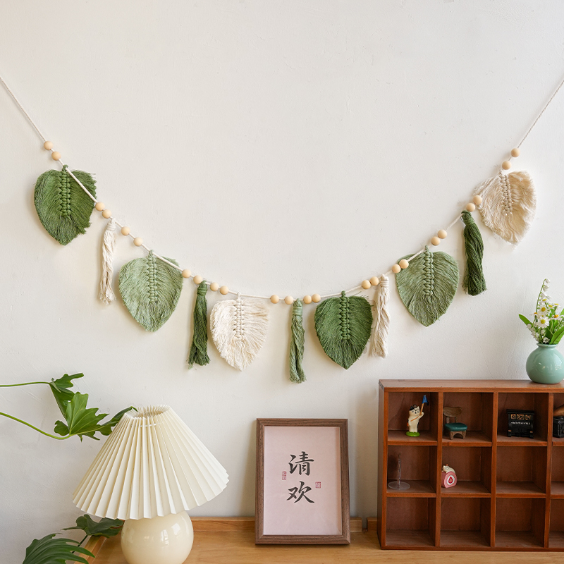 Leaf Woven Tapestry, Pastoral Style Wall Decoration, Tassel Wall Hanging, Guesthouse Room Background Wall Curtain, Hand-Woven