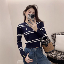 2025秋季新款小香风条纹毛衣修身显瘦大朗针织衫设计感学院风圆领