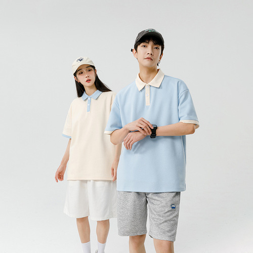 Men's Summer Live-Stream New University Student Trend Loose Fit Streetwear Brand Hong Kong Style Double Pearl Short-Sleeve T-Shirt with Collar POLO Shirt