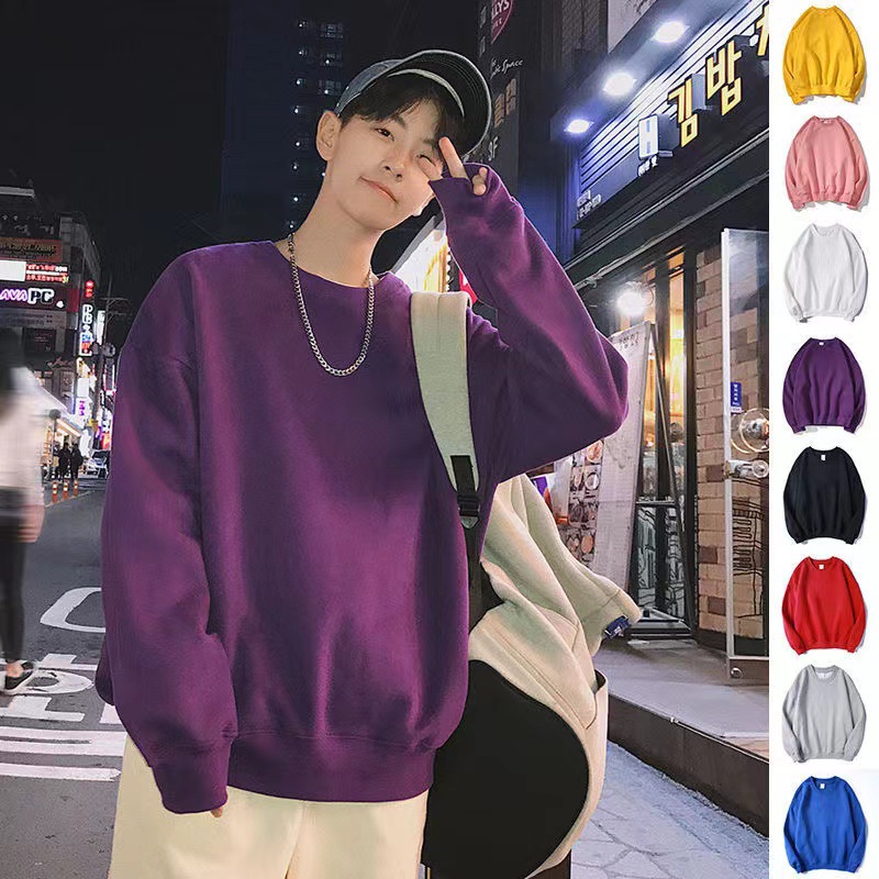 Korean Style Solid Color Round Neck Sweatshirt for Men and Women Spring and Autumn fleece-lined Thickened Retro Top Fashionable Loose Campus Style Jacket