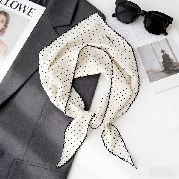 French Polka Dot Triangle Scarf for Women, Retro Black and White Decorative Silk Scarf, 2026 Spring and Summer Headscarf, Braided Hairband