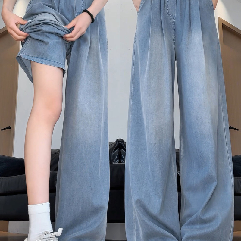 Women's Tencel straight-leg jeans, summer thin loose fit, plus size, elastic waist, casual wide-leg pants for petite women