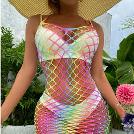 丹奈情趣内衣欧美七彩虹色沙滩性感漏肩渔网修身包臀情趣内衣YD15