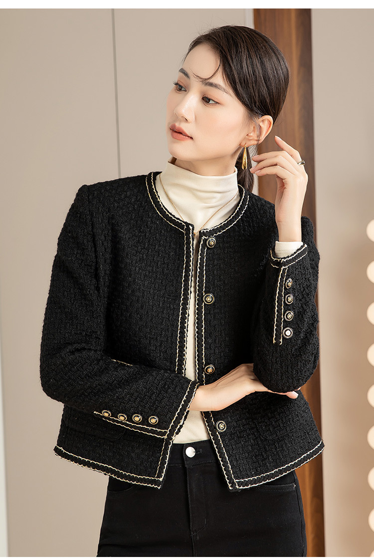 Áo khoác nữ dáng suông phối màu cổ điển tay dài mùa thu đông — Màu Đen (bao gồm cổ áo) chi tiết 10