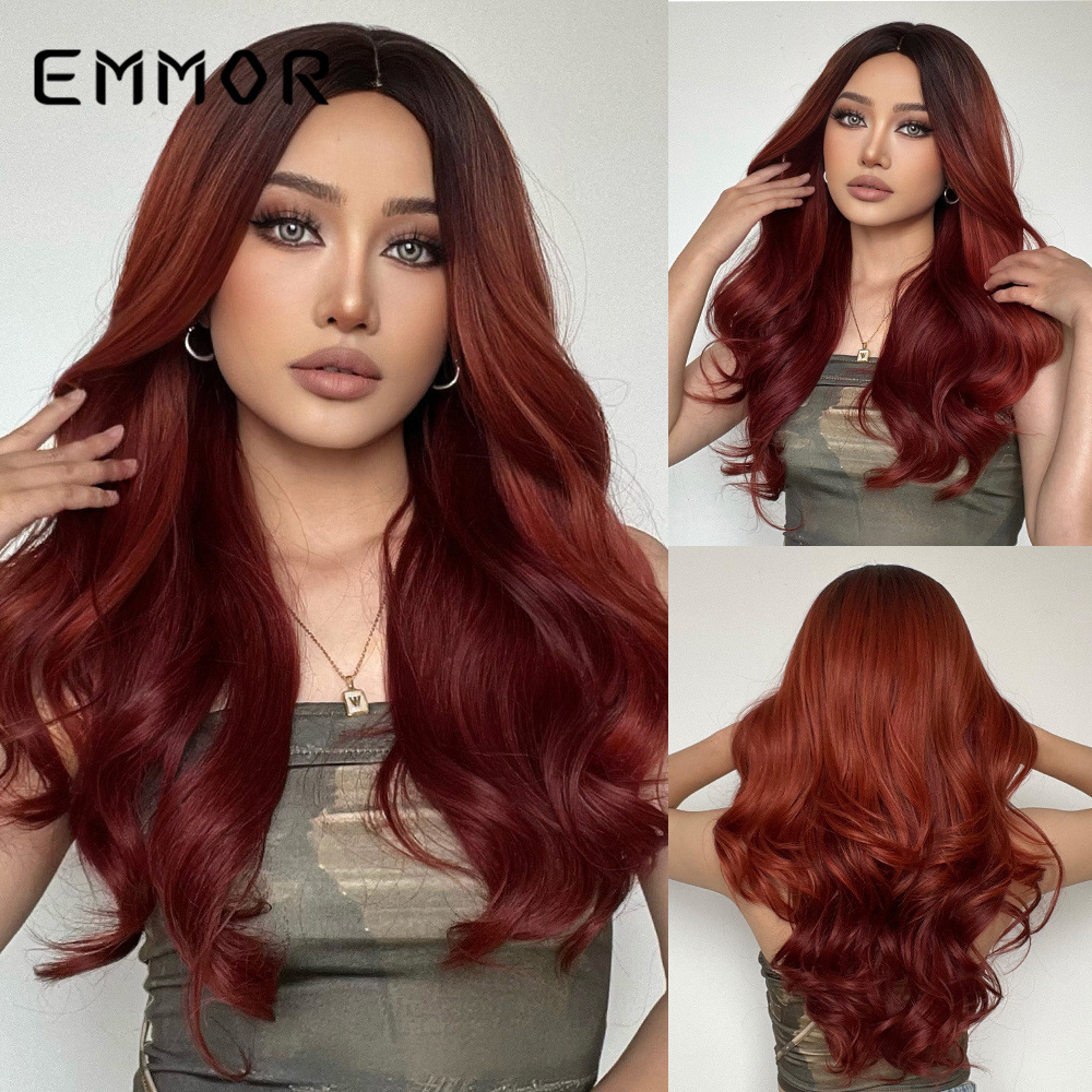 Celebridad de Internet, el más vendido, color de cabello burdeos degradado, parte media, pelo largo y rizado, peluca de fibra química para Halloween, flequillo de aire