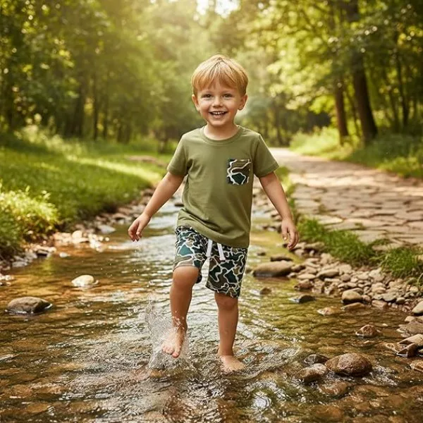 Amazon Foreign Trade Boys Camouflage Printing Fake Pocket Short Sleeve Top Full Print Shorts suit