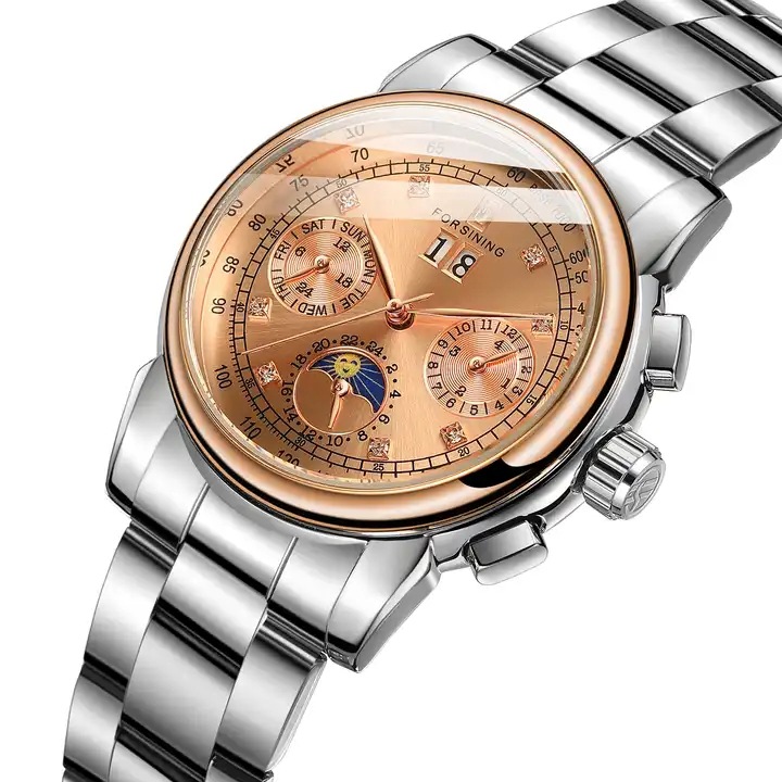 Forsining mujer moda casual movimiento mecánico multifuncional reloj mecánico automático correa de acero Sun Moon Star