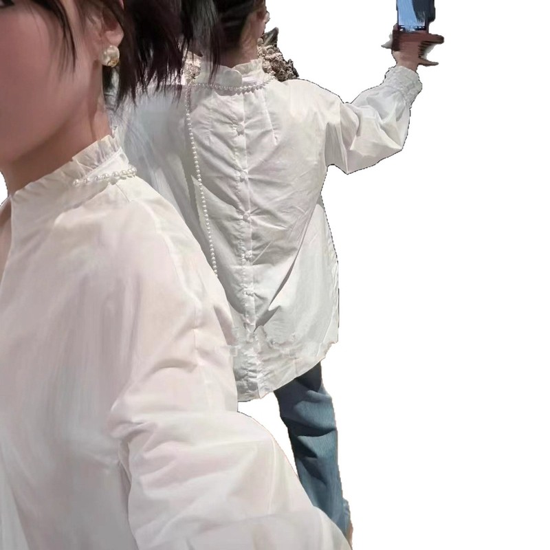 2025秋款百搭棉白衬衫设计感花瓣立领和花边袖减龄小衫长袖不退换|undefined