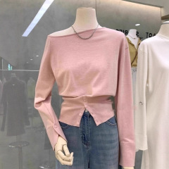 一字领斜肩长袖针织衫女春秋不规则设计感毛衣内搭打底衫露肩上衣