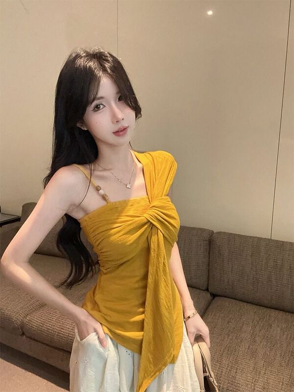 温柔风不规则女吊带2025夏新独特设计蝴蝶结掐腰抹胸无袖上衣露肩|undefined