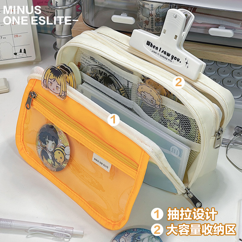 Charming and cute pen bag with a small, unique design and high aesthetic appeal. Large capacity, stain-resistant, and made of transparent card material.