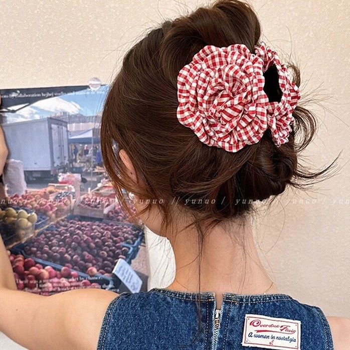 法式溫柔格子玫瑰抓夾女2025新款髮夾後腦勺顯發量鯊魚夾子高級感
