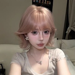 【美乐蒂】韩系外翻精修假发女玫瑰粉金短卷发网红短发女全头套