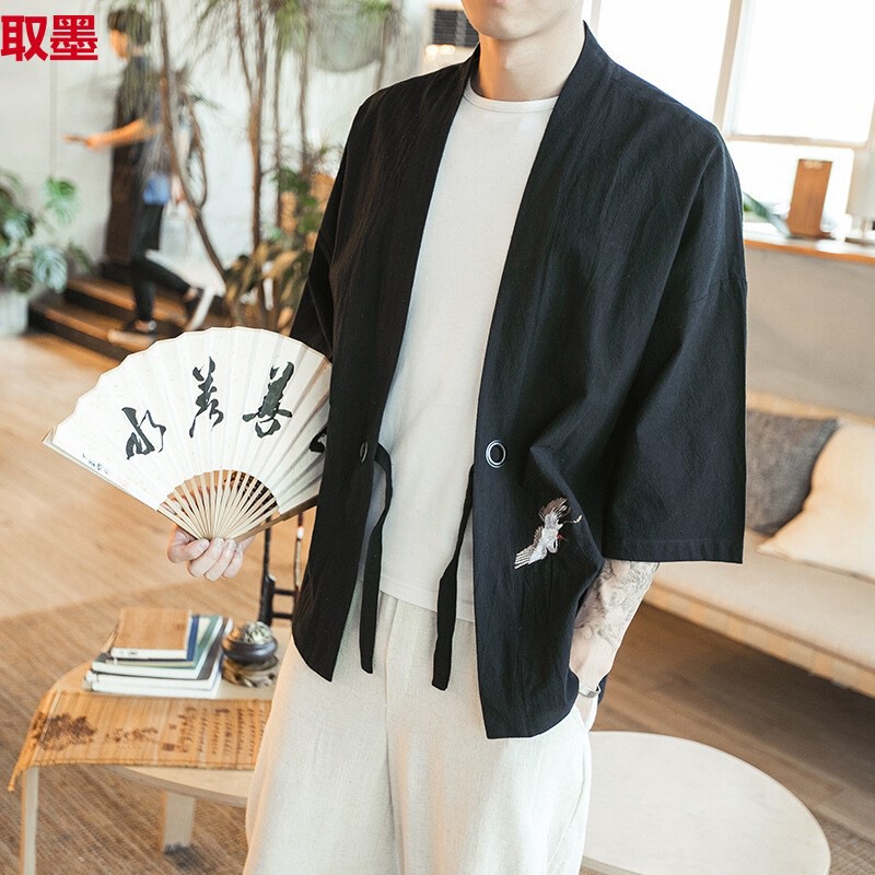 Spring and Summer Thin Loose Hanfu Coat Chinese Style Vintage Crane Embroidered Taoist Robe Japanese Kimono Cardigan Men's Jacket