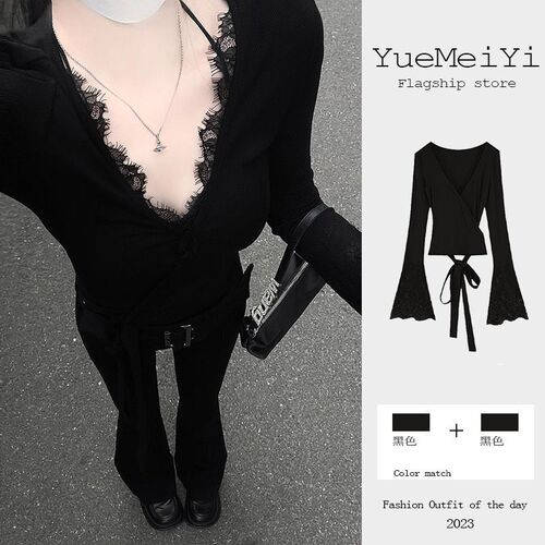 Royal sister design pure desire long-sleeved t-shirt, hot girl lace top, women's tea art, V-neck, sexy, chic, slim, autumn style, low