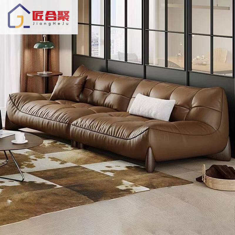 Retro Light Luxury Oil Wax Leather Sofa Living Room Simple Size Genuine Leather Sofa Home American Straight Sofa