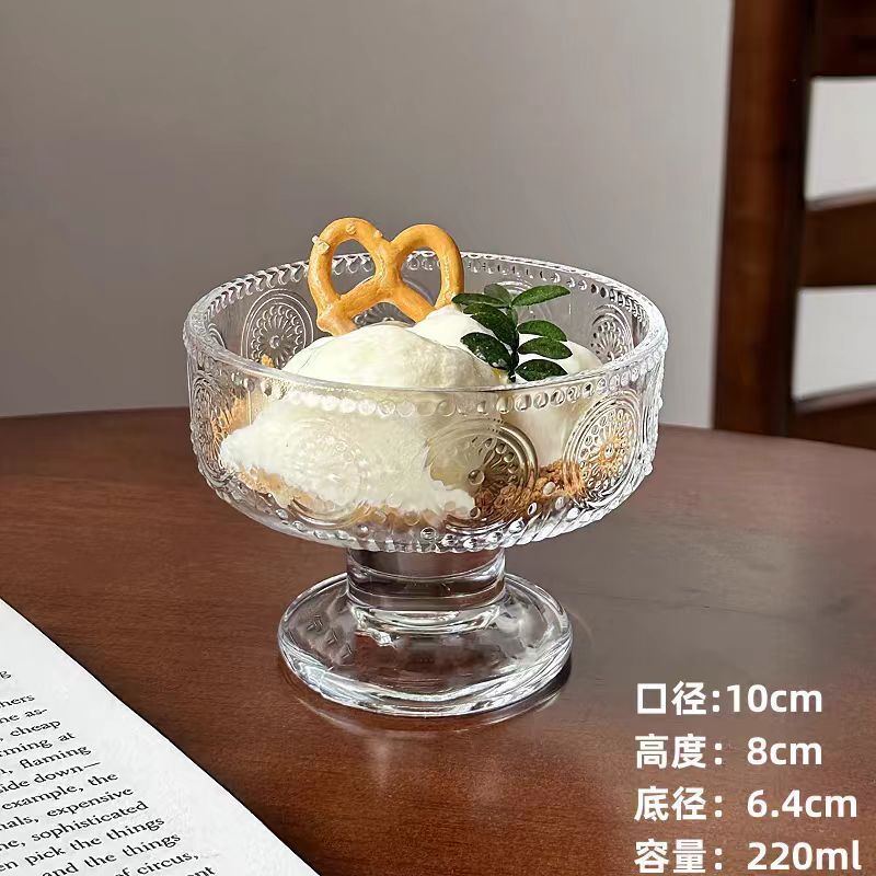 縦模様のシンプルなガラスの背の高いアイスクリームカップジュースカップ冷たいドリンクカップヨーグルトプリンボウルアイスクリームカップ|undefined