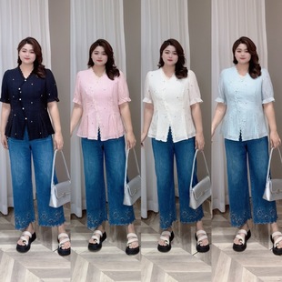 Pwd32902 [Top Only] Summer Fat mm French Embroidered Flower Slimming Top