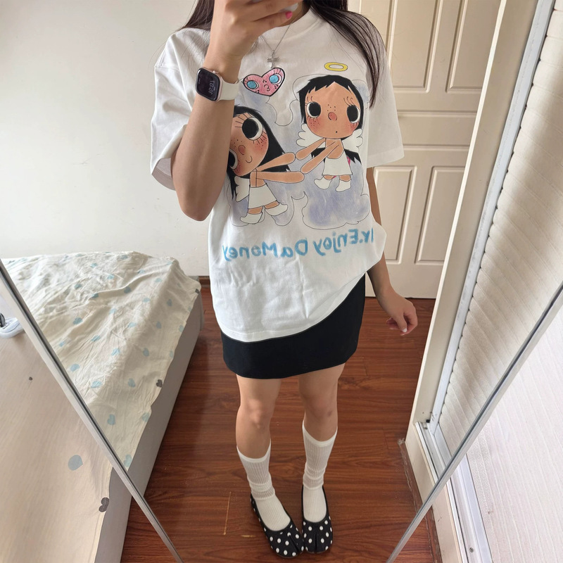 American-Style Heart Angel Print Short-Sleeved T-Shirt for Women, Summer Heavy-Duty Pure Cotton Casual Cute Loose Top 2026