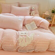 A类母婴级牛奶绒四件套ins风卡通贴布绣被套秋冬加绒保暖绣花被单