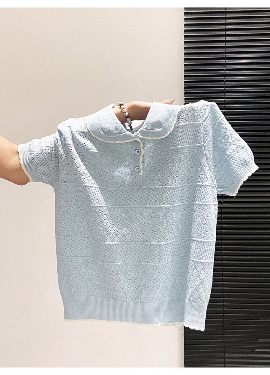 Áo thun tay ngắn dệt kim họa tiết rỗng phong cách thời trang — xanh lam chi tiết 8