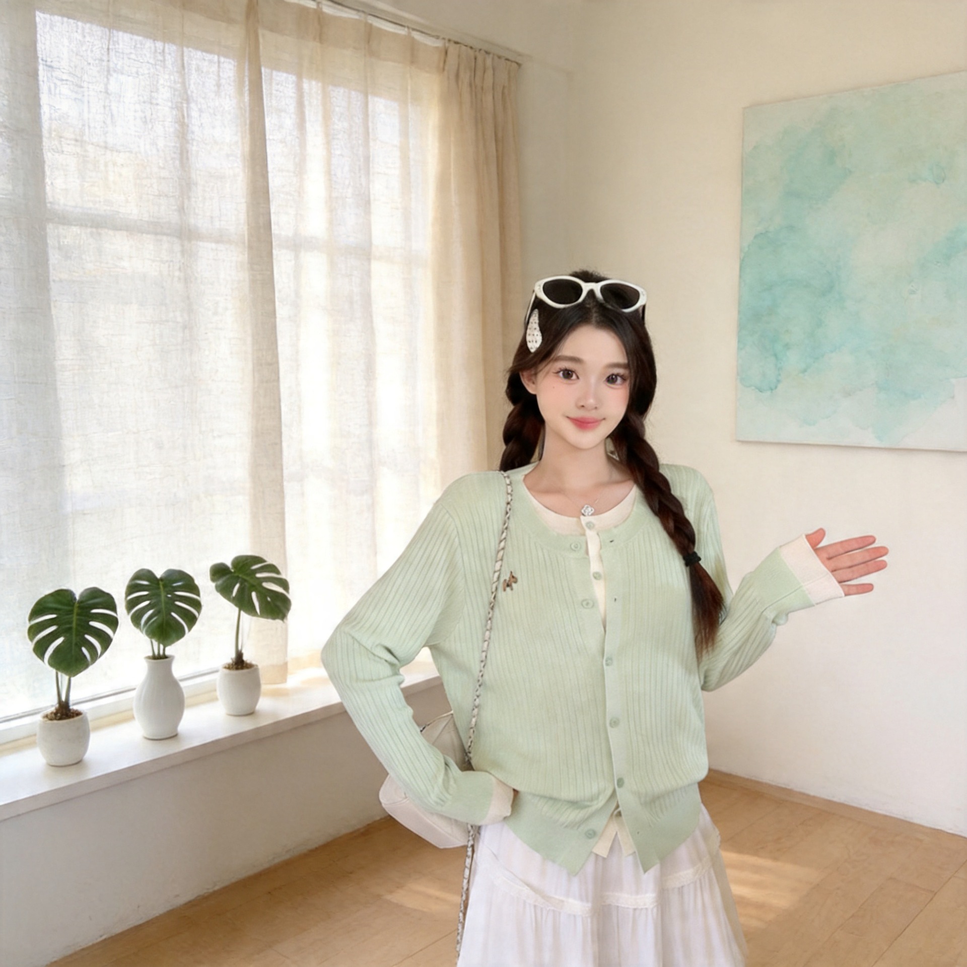 薄荷绿V领正肩针织衫女2026早春新大胖mm减龄小衫假两件衣