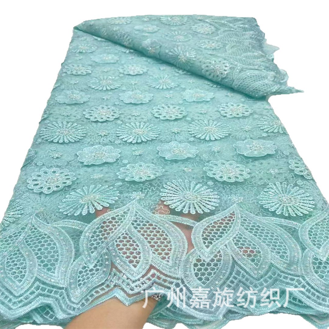 Encaje africano soluble en agua con patrón irregular de cuentas, bordado floral tridimensional, tela de moda, encaje de cordón con cuentas.