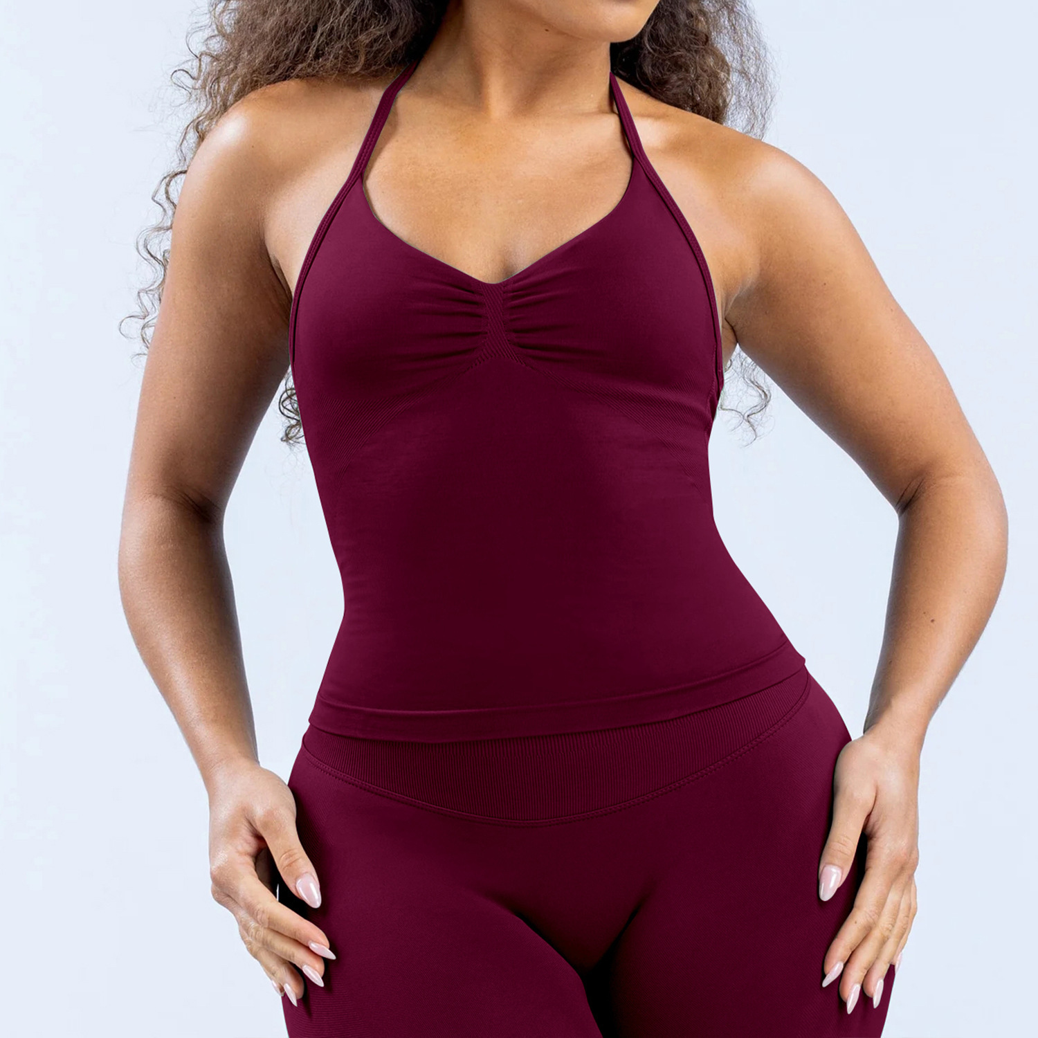 Conjunto DF Amazon pantalones cortos explosivos sujetador pequeño alto elástico superfino nailon halter cuello hermoso chaleco deportivo trasero