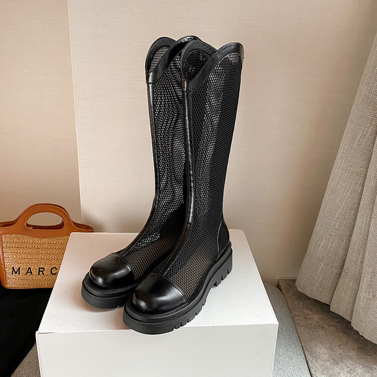 Boot nữ da lưới thoáng khí mùa hè, đế dày rỗng, ống rộng cho chân to — Màu nâu ống lớn, Màu đen cổ ống lớn, Ống nhỏ màu đen, Ống nhỏ màu be chi tiết 107