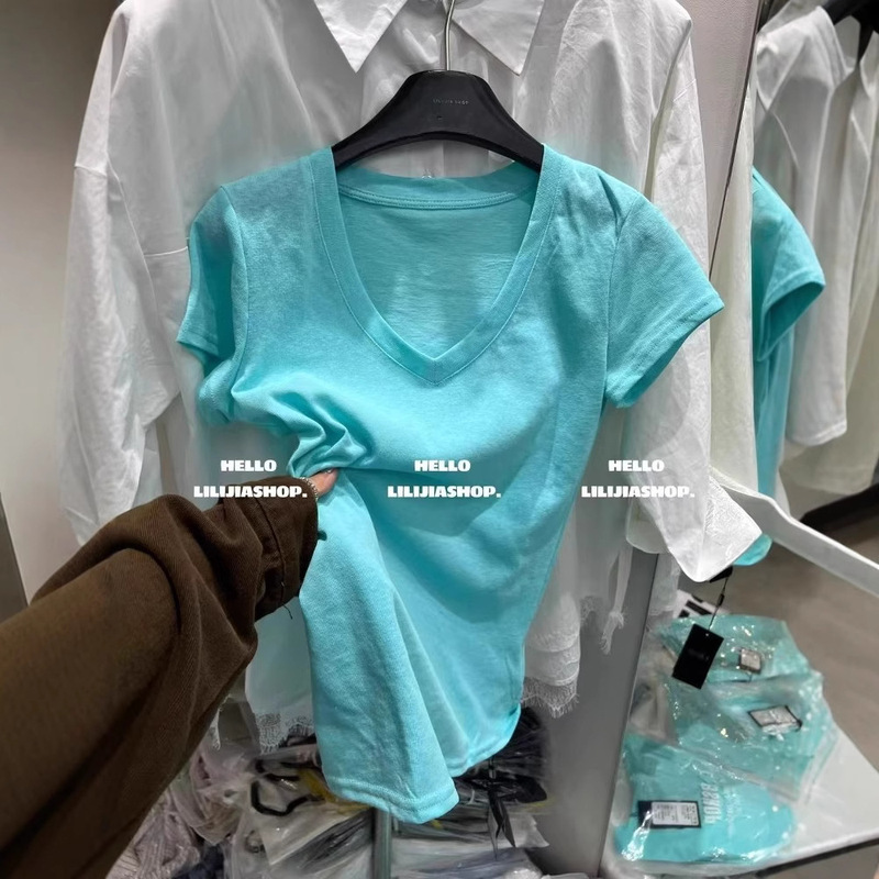 South Korea Dongdaemun Summer New Korean Style Fashion Design Sense V-neck All-match Slimming Shoulder Short-sleeved T-shirt Women's Top South Korea Dongdaemun Summer New Korean Style Fashion Design Sense V-neck All-match Slimming Shoulder Short-sleeved T-shirt Women's Top