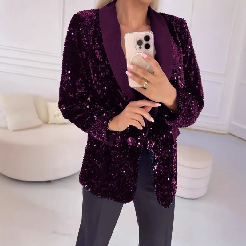 2025 cross-border independent station spring and summer European and American women's foreign trade new casual fashion sequin lapel suit jacket women 2025 cross-border independent station spring and summer European and American women's foreign trade new casual fashion sequin lapel suit jacket women