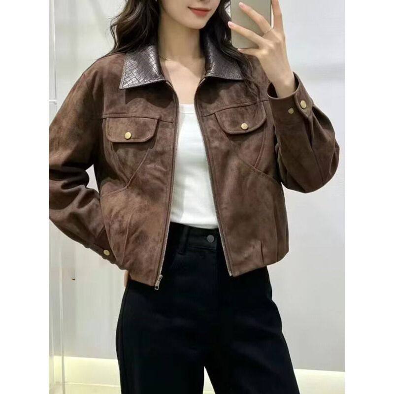 Áo khoác ngắn nữ cổ bẻ dáng rộng phong cách thanh lịch công sở — Màu kaki (bản cao cấp), Màu nâu cà phê (bản cao cấp) chi tiết 2