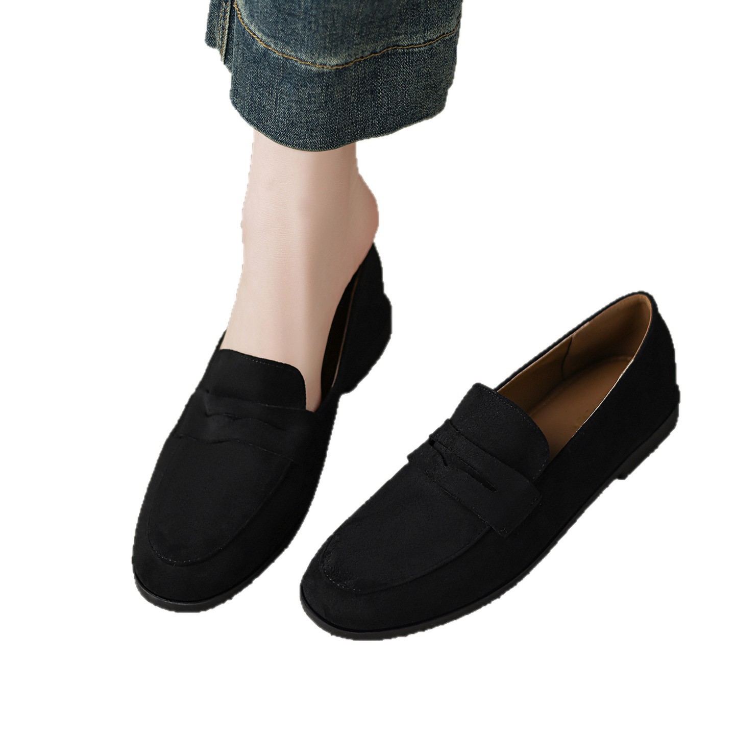 Women's Black Leather Flat Slip-on Loafers British Style Retro_voghion.com