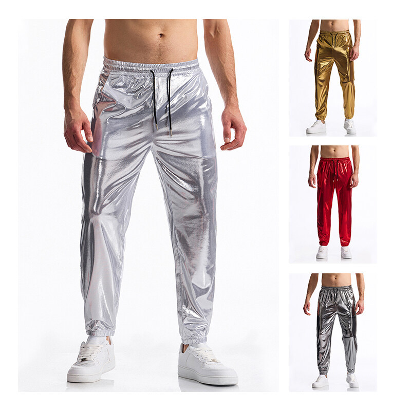 Cross-Border Amazon New Shiny Gold-Stamped Men's Disco Casual Pants Men's Solid Color Casual Long Pants Jogger Pants