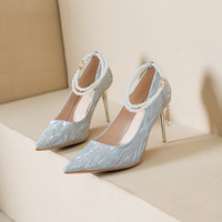 8816-1 French Fashion Pointed High Heel Shoes Slim Heel Pearl Chain One word Bridal Wedding Shoes Adult Gift Slip Shoes