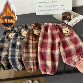 女童秋冬卫裤卡通小熊贴布加绒加厚裤子男女童外穿格子束脚裤童装