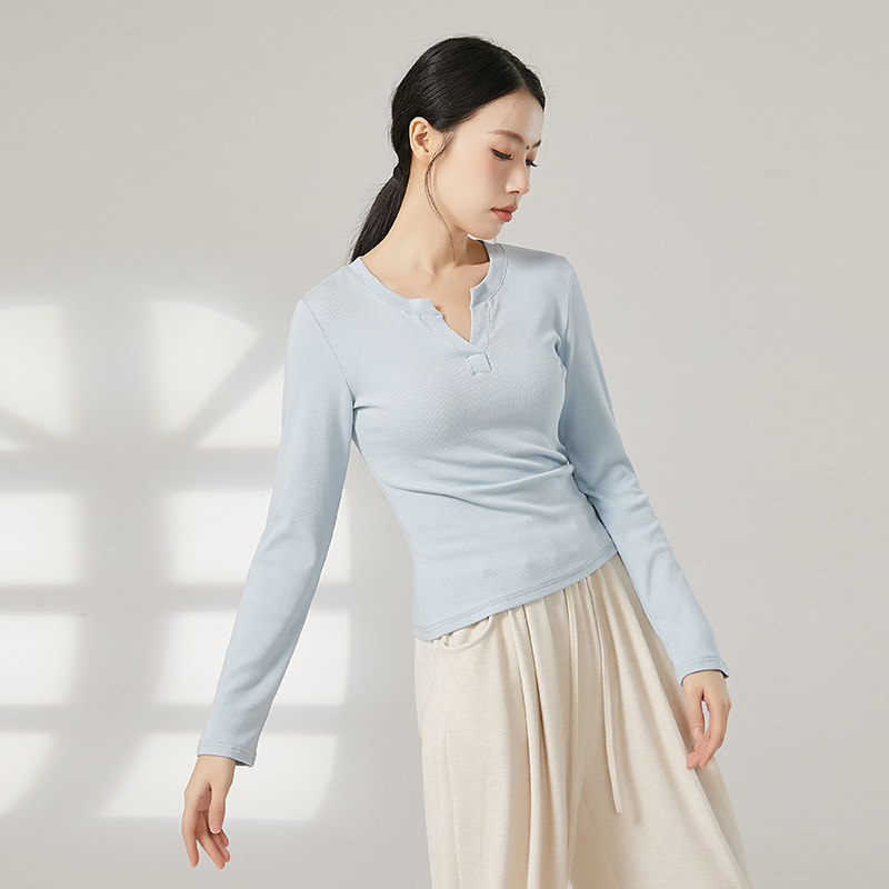 Grey V-Neck Knitted Base Shirt Modern Dance Practice Suit Autumn and Winter Classic Dance Suit Solid Color Inner T-Shirt