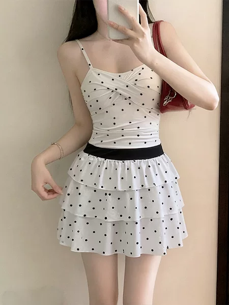Pure Desire Polka Dot One-Piece Swimsuit for Women with Small Busts, Sweet and Youthful Style, Concealing and Slimming, Conservative Skirt-Style Swimwear Wholesale