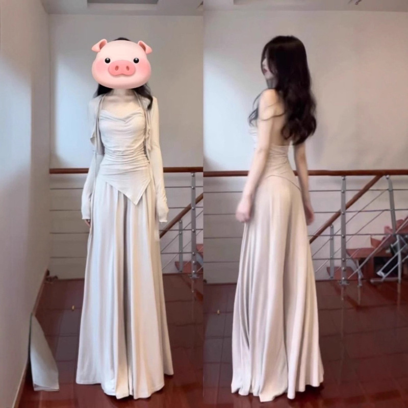 Casual Suit for Women 2025 Spring and Autum Knitted Suspender Cardigan Wide-Leg Pants Relaxed Wear with Fashionable Three-Piece Set