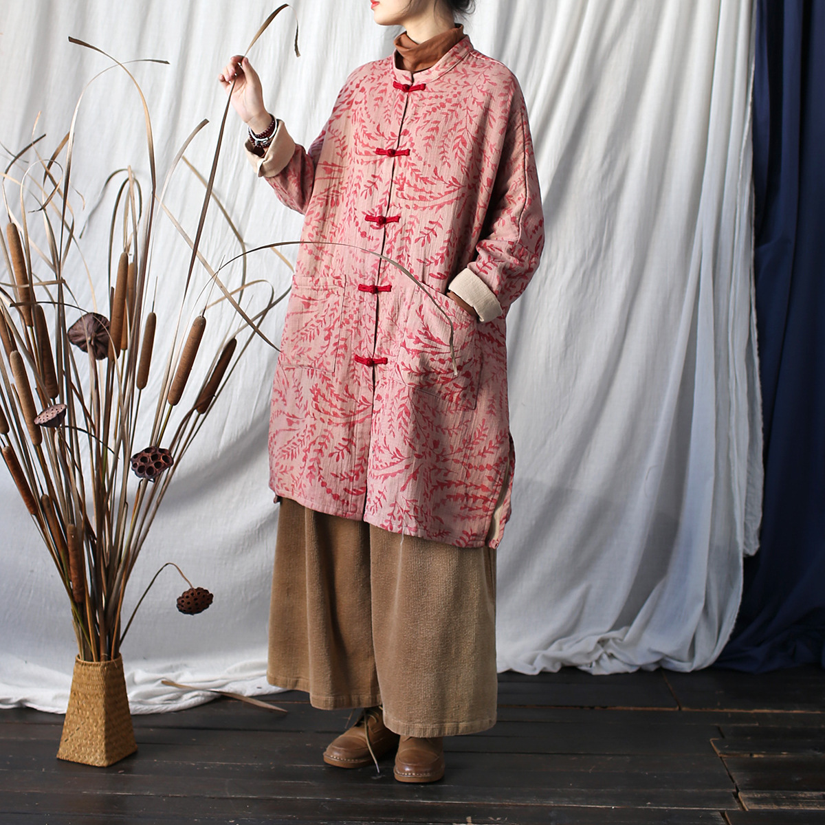 2405 Xi Mo original spring retro ethnic style distressed stand collar buckle women's coat loose long sleeve top