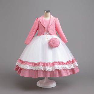 2025 Girl's Dress Autumn and Winter Long-sleeved Real Two-piece Suit Color-matching Big Children's Long Dress Host Performance Dress Princess Dress