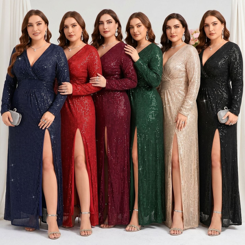Cross-Border Evening Dress European and American Style V-Neck Long Sleeve Slit Sequin Elegant Plus Size Women's Clothing for Curvy Women Bridesmaid Dress
