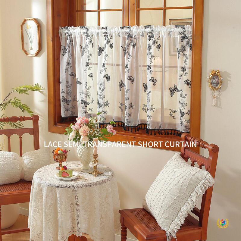 ⇞ Fabric Lace Short Curtain with Embroidered Black Butterfly, Translucent Door Curtain, Light-Filtering Screen ⇞ Fabric Lace Short Curtain with Embroidered Black Butterfly, Translucent Door Curtain, Light-Filtering Screen