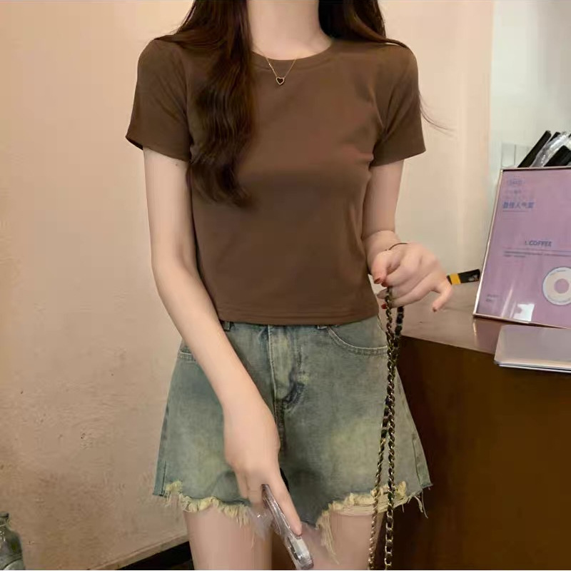 American Style Spice Girl Simple Slim-fit Base Shirt Short-sleeved T-shirt Women's Summer New High Waist All-match Short Shoulder Top