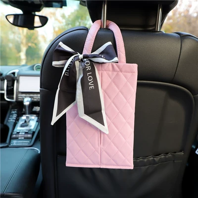 Car Tissue Box Leather: Car tissue box/set - powder-hung-rhombus-white-edged-ribbon