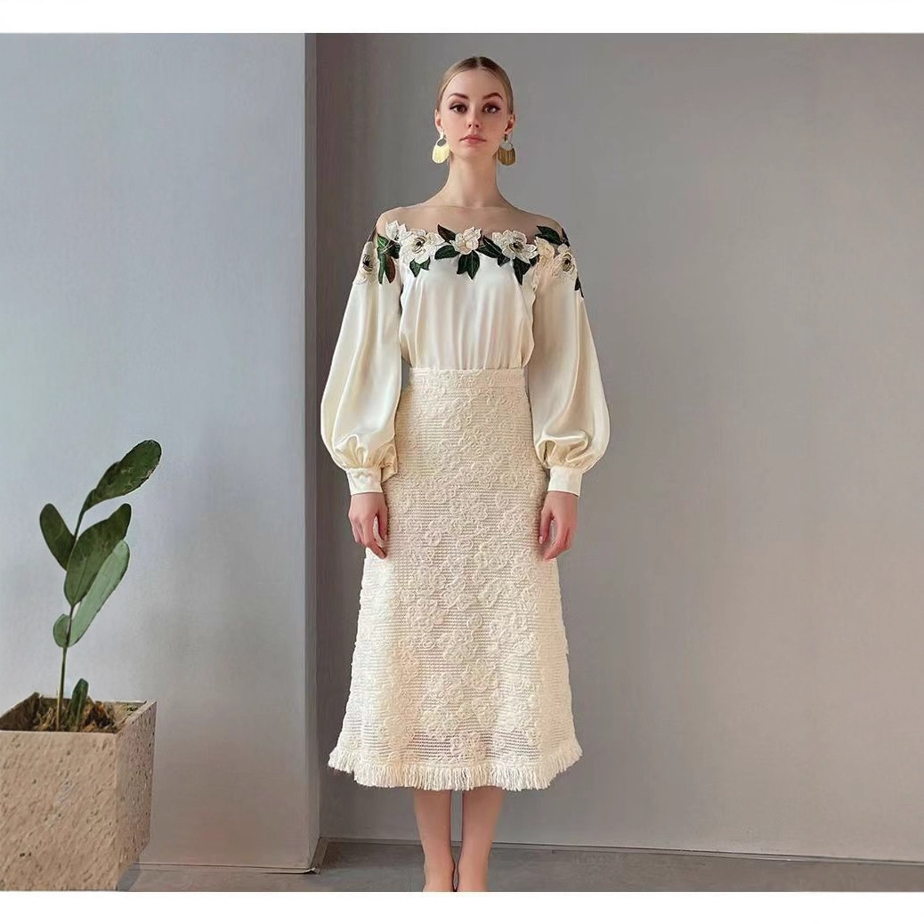 Trendy Women's Autumn Shirt with Mesh Splicing, Beautiful 2025 New Floral Unique Design, Heavily Embroidered Blouse