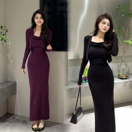Purple suspender dress, a full suit, women's new autumn and winter wear with temperament, hip long skirt
