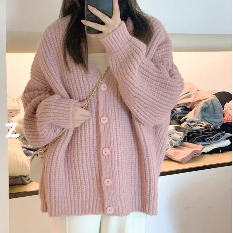 粉色毛衣开衫女入秋外套外穿温柔慵懒风甜美宽松网红粗针针织衫潮|undefined
